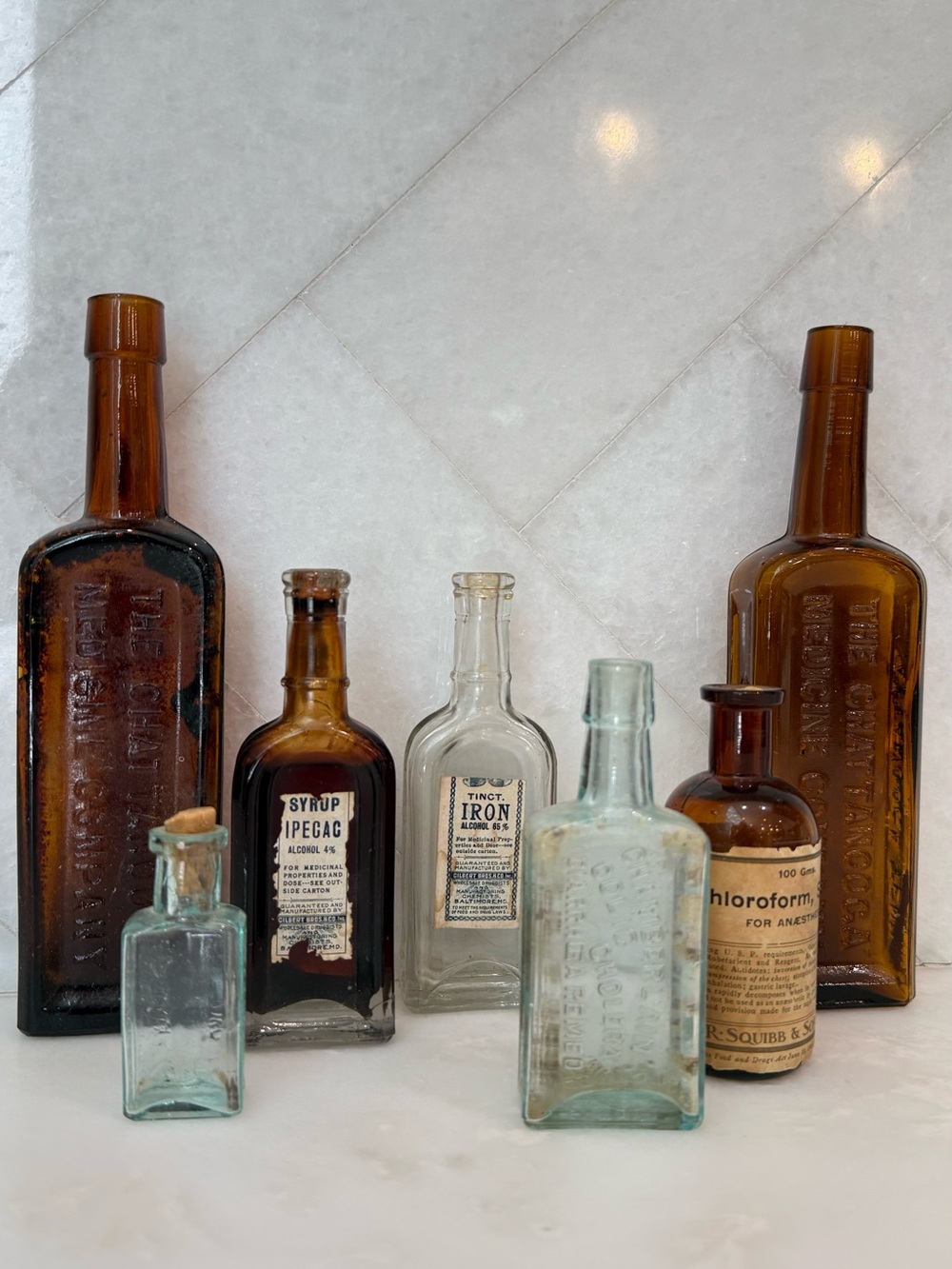 Antique Apothecary Medicine Bottle Lot Chloroform Squibb Ipecac Amber Glass